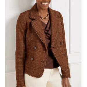 Talbots Fringe Tweed Cropped Jacket Blazer Women’s 2 Brown Double Breasted